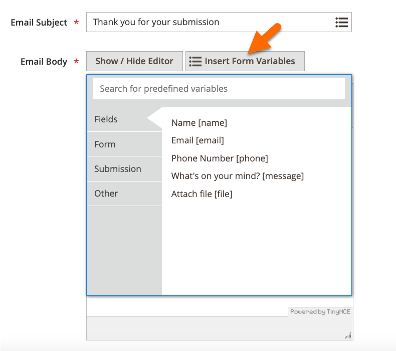 Insert variables in email notifications
