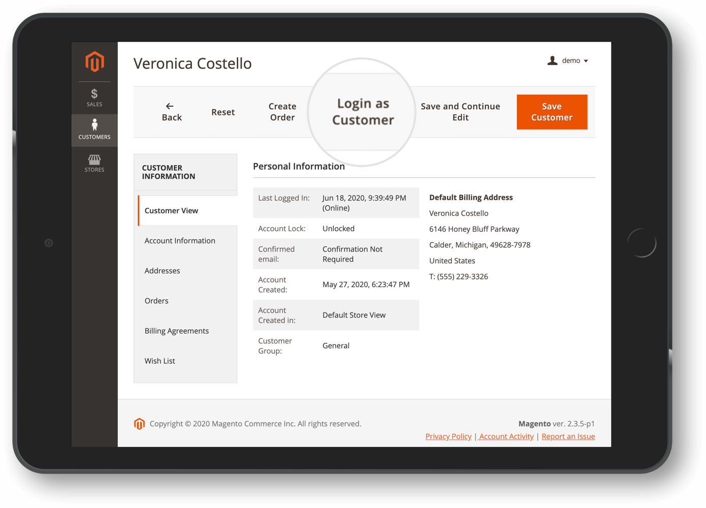 Log in as customer from customer view page