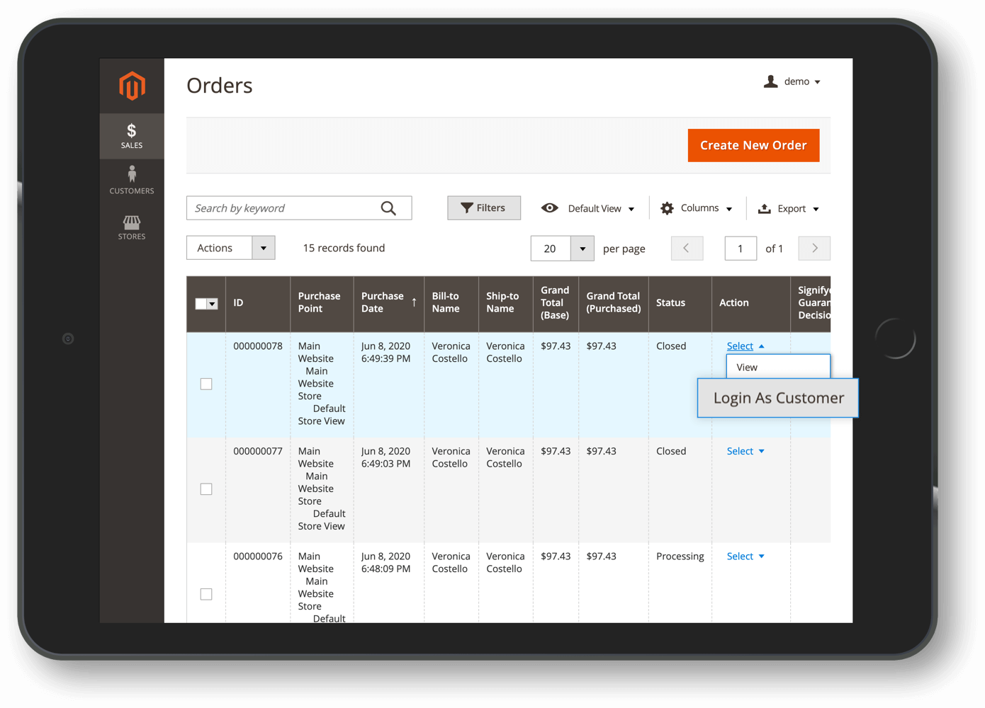 Log in as customer from order grid page