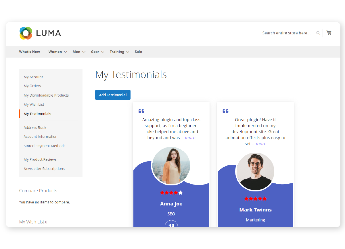 Allow customers view all their testimonials Allow customers view all their testimonials