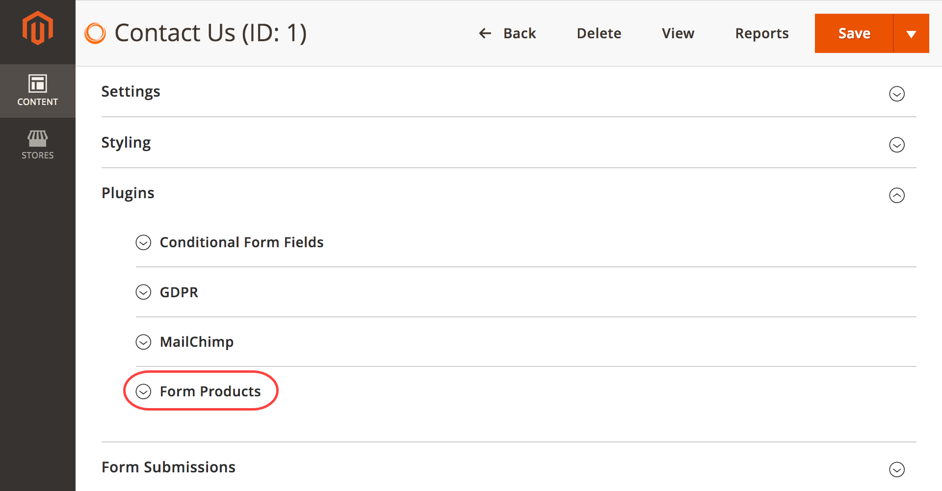 Form Products | Find plugin in backend